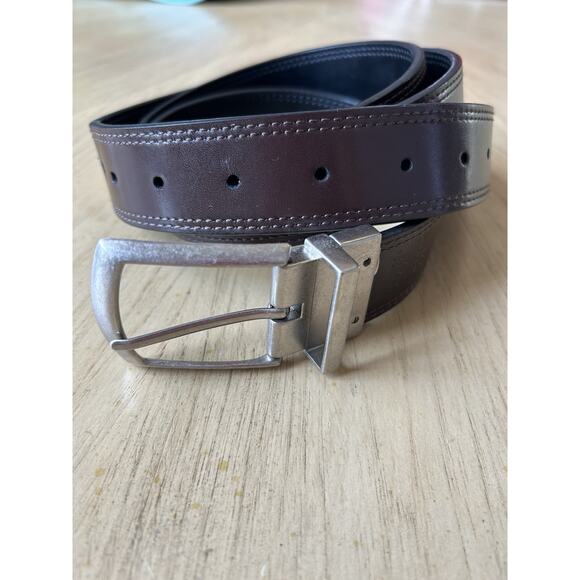 Men's Size 48 Genuine Dickies Black Brown Leather Belt Nickel Buckle Large Used - Picture 6 of 6